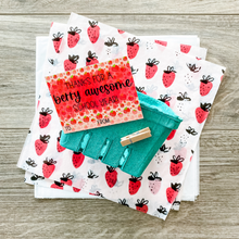 Load image into Gallery viewer, Strawberry printed tissue paper with green basket and clothespin. Tag reads "Thanks for a berry awesome school year." Great gift basket kit for a teacher, aid or principal. Tag has a strawberry background.
