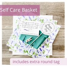 Load image into Gallery viewer, Image of green berry basket, elegant lavender print tissue paper and white tissue paper. Also has a round tag attached to a stick and a mini clothespin. The round tag says, “Happy Mother’s Day.” Another tag is also in the image. It reads: "When you are a mother you are never really alone in your thoughts. A mother thinks twice, once for herself and once for her child.” Sophia Loren. The elegant tags feature delicate lavender watercolor graphics.