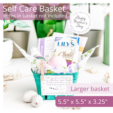 Load image into Gallery viewer, Beautiful self care mother's day basket. Items in basket not included. Kit includes two tags, two sheets of lovely lavender print tissue paper and a lovely tag.