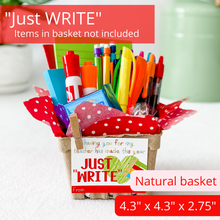 Load image into Gallery viewer, Gift basket kit with natural/tan color, printed red tissue paper featuring small white polka dots. A clothespin holds the tag onto the basket. The tag features multi-colored letters. It has a white background and has a green heart with 4 pencils, colored green, red, yellow and blue. The basket is filled with pens, pencils, notepads, markers and chocolate. The items pictured in the basket are for presentation purposes only. The gift basket comes empty ready for you to fill.