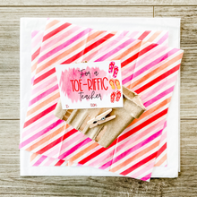 Load image into Gallery viewer, Striped tissue paper, natural colored box, clothespin, for a toe-riffic teacher tag with 3 flip flops on the right side of tag. Colors: pink, orange and red