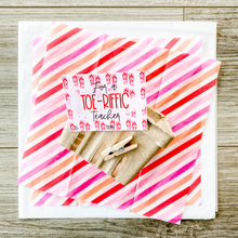 Load image into Gallery viewer, Striped tissue paper, natural colored box, clothespin, for a toe-riffic teacher tag with flip flops in the background of tag. Colors: pink, orange and red