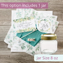 Load image into Gallery viewer, Image of green berry basket, elegant eucalyptus leaf tissue paper and white tissue paper. Also has a round tag attached to a stick and a mini clothespin. The round tag says, “Happy Mother’s Day.” Another tag is also in the image. It reads: "A mother's love is more beautiful than any fresh flower." Debashish Mridha. The elegant tags feature delicate eucalyptus greenery. Text overlay reads: This option includes 1 jar. Jar size 8 oz.