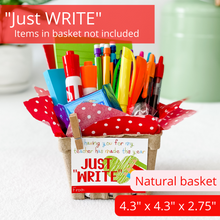 Load image into Gallery viewer, Gift basket kit with natural/tan color, printed red tissue paper featuring small white polka dots. A clothespin holds the tag onto the basket. The tag features multi-colored letters. It has a white background and has a green heart with 4 pencils, colored green, red, yellow and blue. The basket is filled with pens, pencils, notepads, markers and chocolate. The items pictured in the basket are for presentation purposes only. The gift basket comes empty ready for you to fill.
