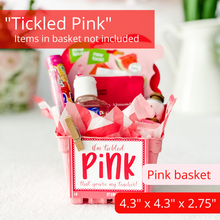 Load image into Gallery viewer, Gift basket kit in pink color. Has chevron tissue paper with 3 shades of pink sitting inside it. A tag is attached to the basket with a mini clothespin. The white tag with pink writing reads &quot;I&#39;m tickled pink you&#39;re my teacher.&quot; The tag features a hear scalloped pink border. The basket is filled with many pink items. The items pictured in the basket are for presentation purposes only. The gift basket comes empty ready for you to fill.
