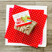 Load image into Gallery viewer, Red tissue paper with white polka dots, natural colored basket, clothespin and tag that reads &quot;having you for my teacher has made this year just WRITE.&quot; Pairs great with writing tools. Tag has bright multicolor letters, pencils and a green heart.
