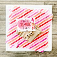 Load image into Gallery viewer, Striped tissue paper, natural colored box, clothespin, for a toe-riffic teacher tag with 3 flip flops on the right side of tag. Colors: pink, orange and red
