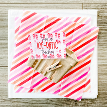 Load image into Gallery viewer, Striped tissue paper, natural colored box, clothespin, for a toe-riffic teacher tag with flip flops in the background of tag. Colors: pink, orange and red
