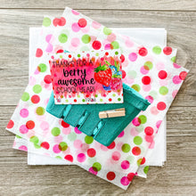 Load image into Gallery viewer, Polka dot printed tissue paper in red, fuschia, and bright green. Green berry basket with clothespin and tag that reads, &quot;Thanks for a berry awesome year.&quot; The tag has a polka dot background that matches the polka dots on the tissue paper. Great gift for a teacher, aid or principal.
